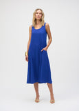 front view of plus size Joseph Ribkoff Gauze A-line Sleeveless Dress in Royal Sapphire