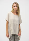 front view of plus size Joseph Ribkoff Gauze Asymmetrical Short Sleeve Rushed Top in Moonstone