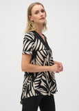 front view of plus size Joseph Ribkoff Jersey Knit Tropical Print Flared Top in Blk/Moonstone