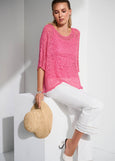 front view of plus size Joseph Ribkoff 2 Piece Chenille Open Stitch Sweater in Bubblegum
