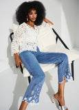 front view of plus size Joseph Ribkoff Stretch Denim Embroidered Crop Jean
