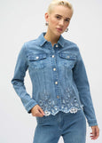 front view of plus size Joseph Ribkoff Stretch Denim Jacket with Embroidery