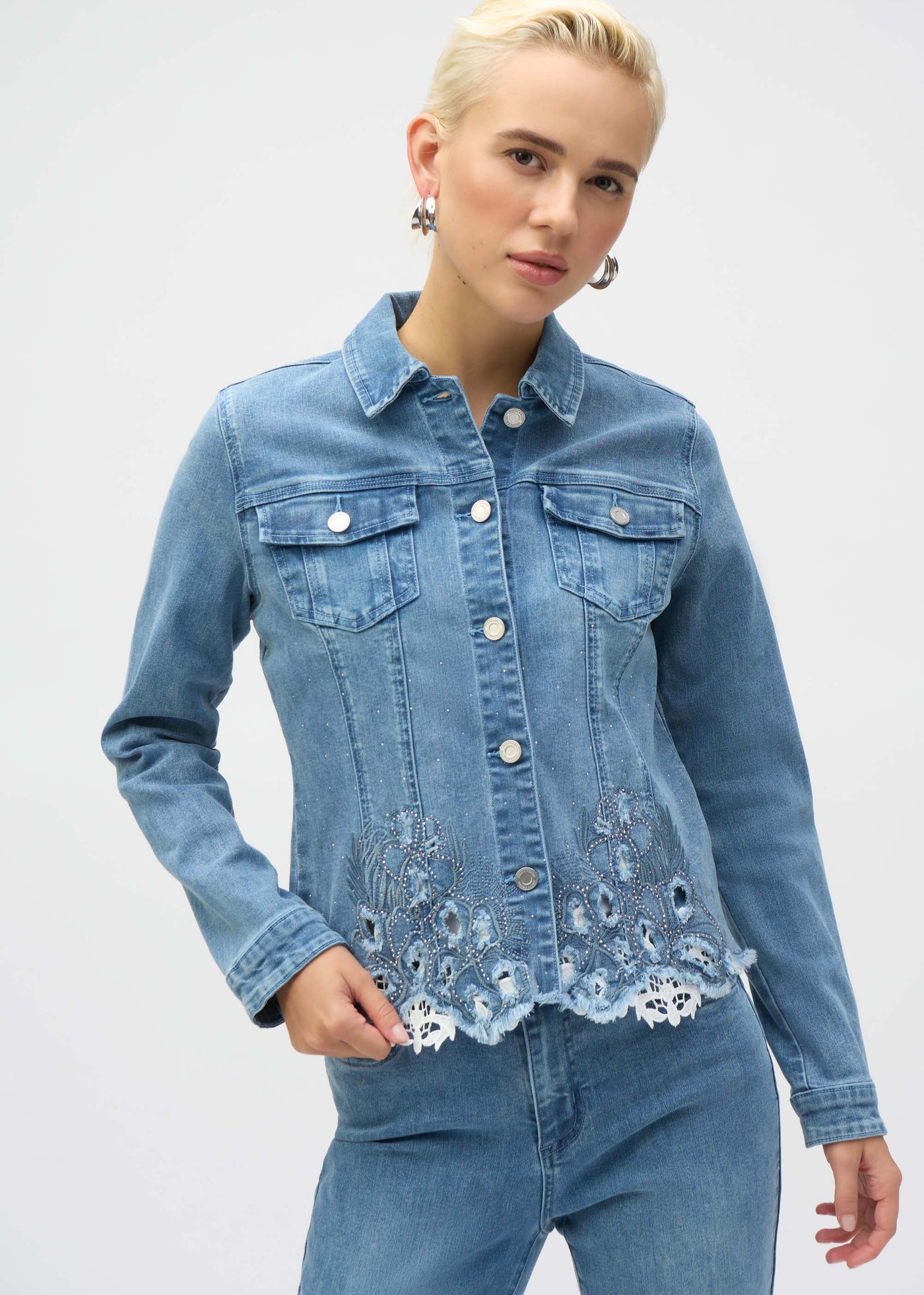 front view of plus size Joseph Ribkoff Stretch Denim Jacket with Embroidery