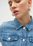 front view of plus size Joseph Ribkoff Stretch Denim Jacket with Embroidery