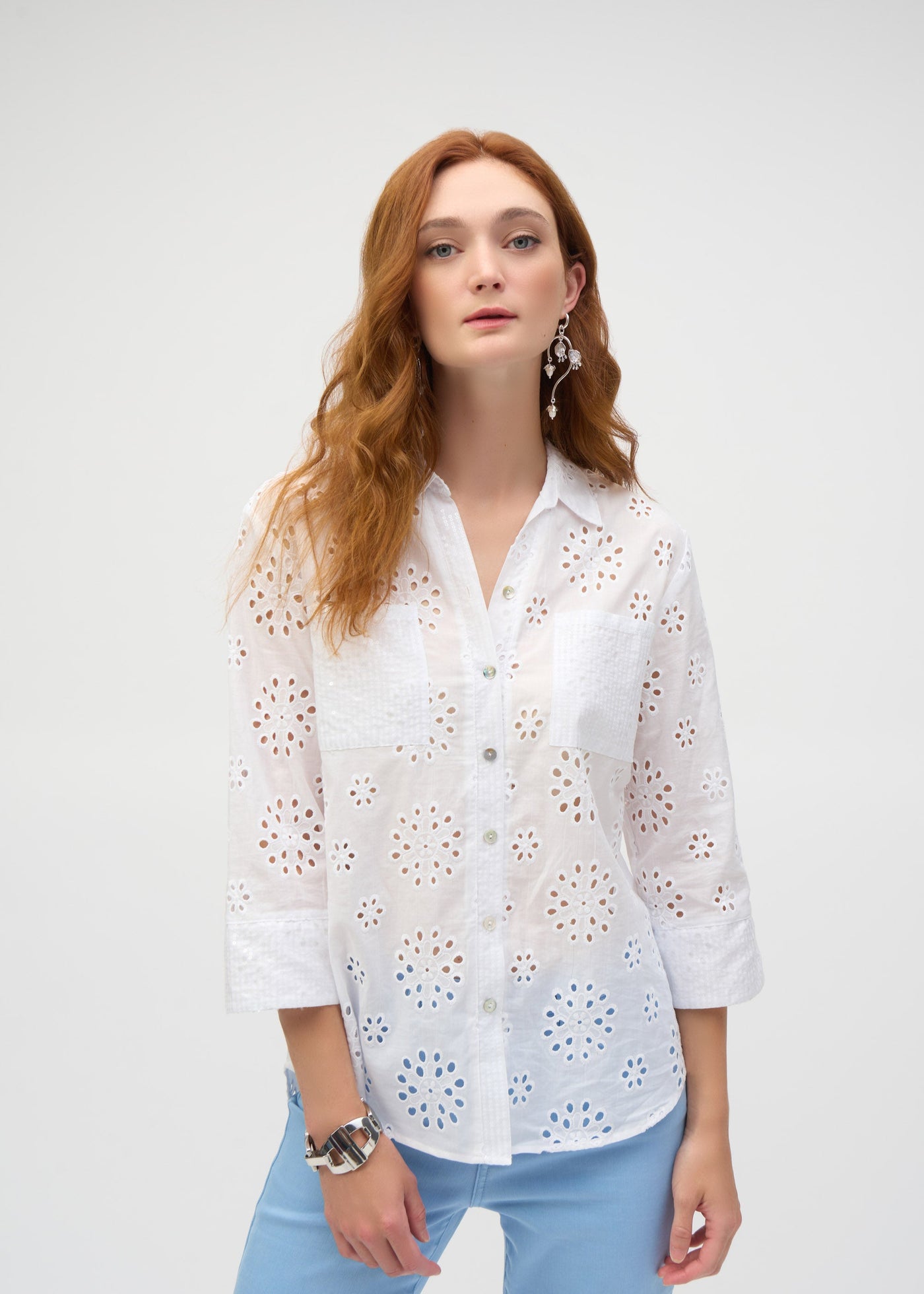 front view of plus size Joseph Ribkoff Cotton Embroidered Boxy Blouse in White