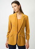front view of plus size Joseph Ribkoff Silky Knit Notched Collar Jacket with 3/4 Rouched sleeve in Medallion