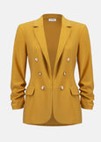 front view of plus size Joseph Ribkoff Silky Knit Notched Collar Jacket with 3/4 Rouched sleeve in Medallion