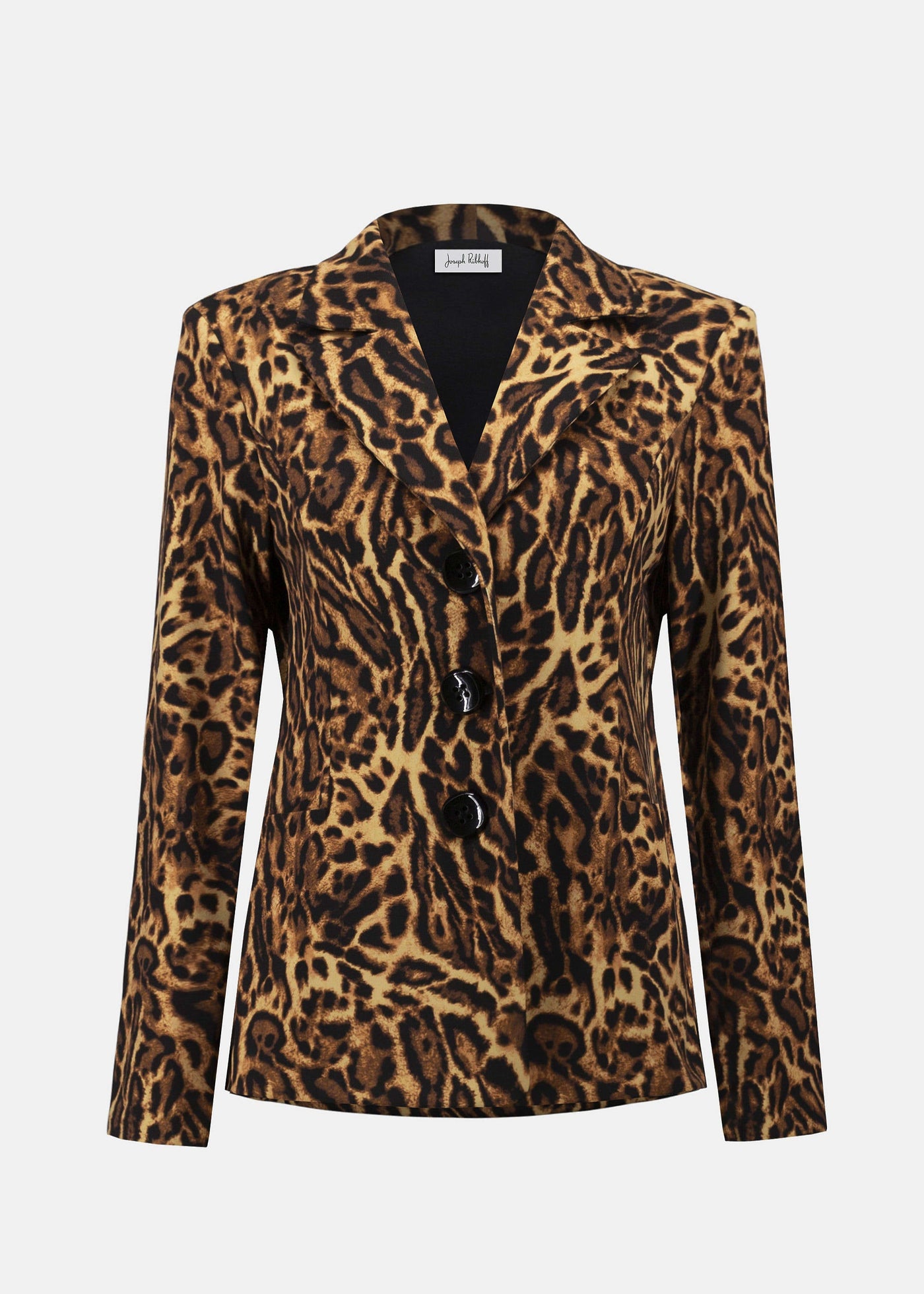 front view of plus size Joseph Ribkoff Silky Knit animal Print Fitted Jacket