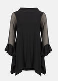front view of plus size Joseph Ribkoff Silky Knit and Mesh Asymmetrical Tunic in Black