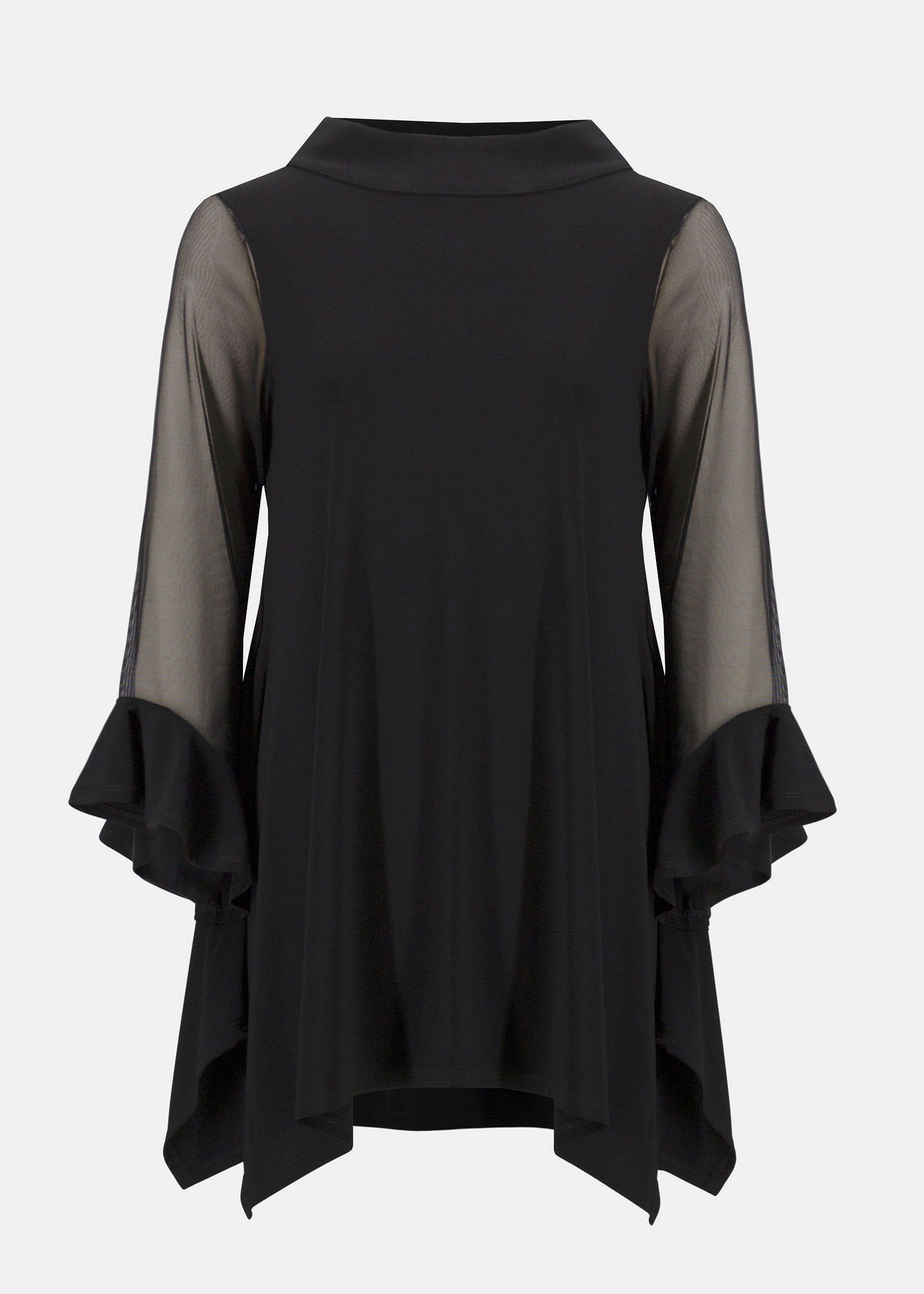 front view of plus size Joseph Ribkoff Silky Knit and Mesh Asymmetrical Tunic in Black