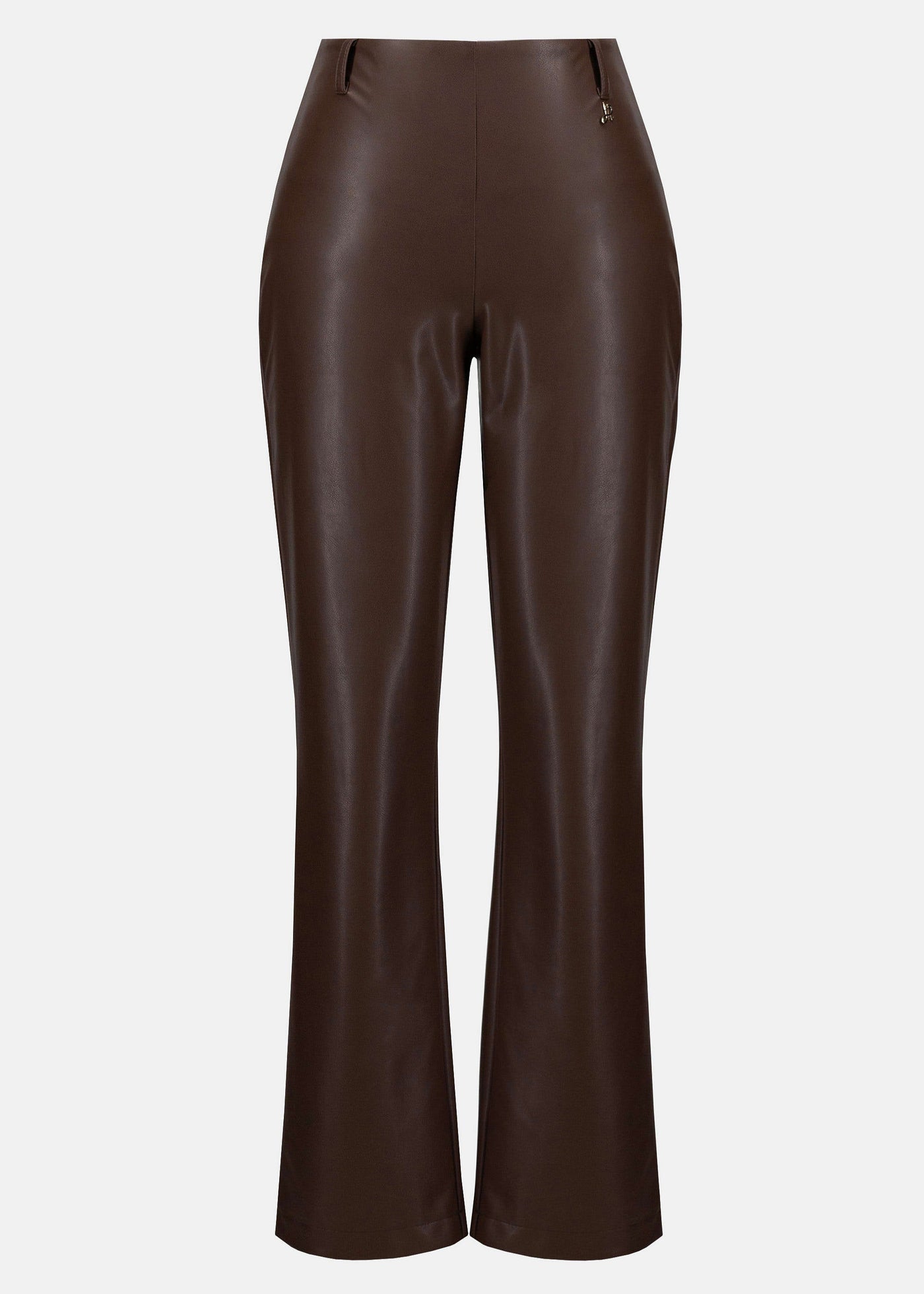 front view of Joseph ribkoff plus size Brown leather pants on a white background