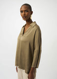 front view of plus size Joseph Ribkoff Recycled Hammered Satin V-Neck Boxy Blouse in Java