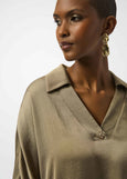 close up front view of plus size Joseph Ribkoff Recycled Hammered Satin V-Neck Boxy Blouse in Java