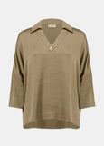 front view of plus size Joseph Ribkoff Recycled Hammered Satin V-Neck Boxy Blouse in Java