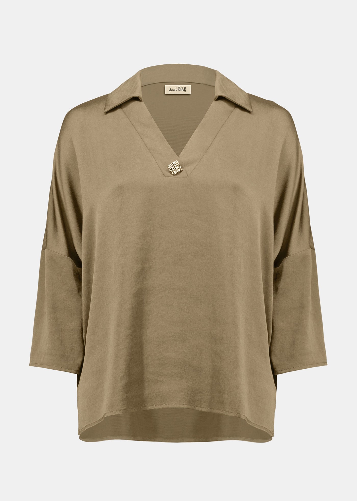 front view of plus size Joseph Ribkoff Recycled Hammered Satin V-Neck Boxy Blouse in Java