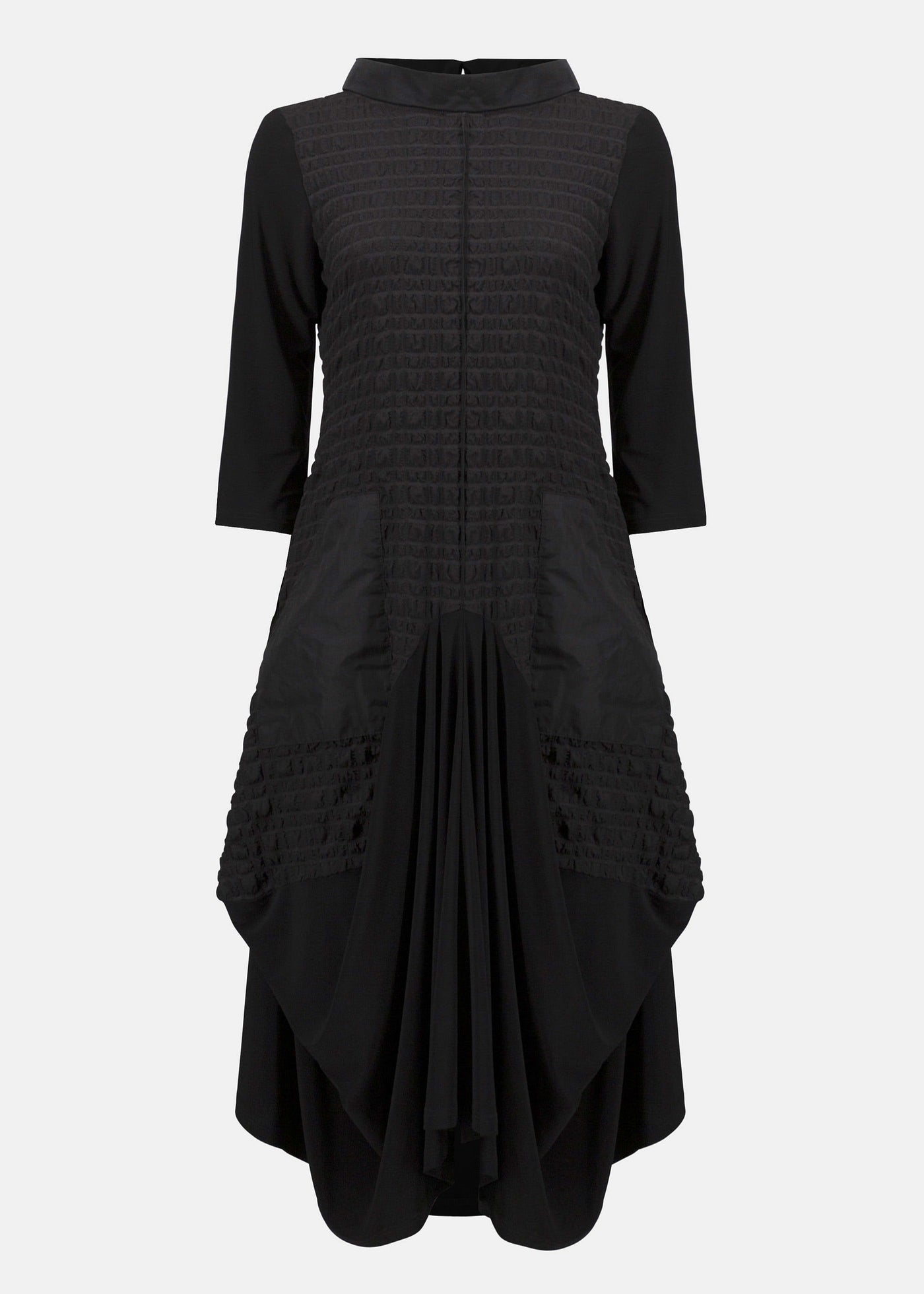 front view of plus size Joseph Ribkoff Bubble Jacquard and Silky knit cocoon Dress in Black