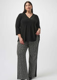 front view of plus size Joseph Ribkoff Pull on Plaid Pant with Stripe in Black and White