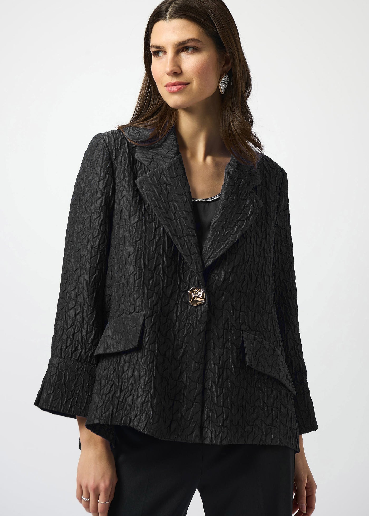 front view of plus size Joseph Ribkoff Textured Jacquard Swing Jacket in Black