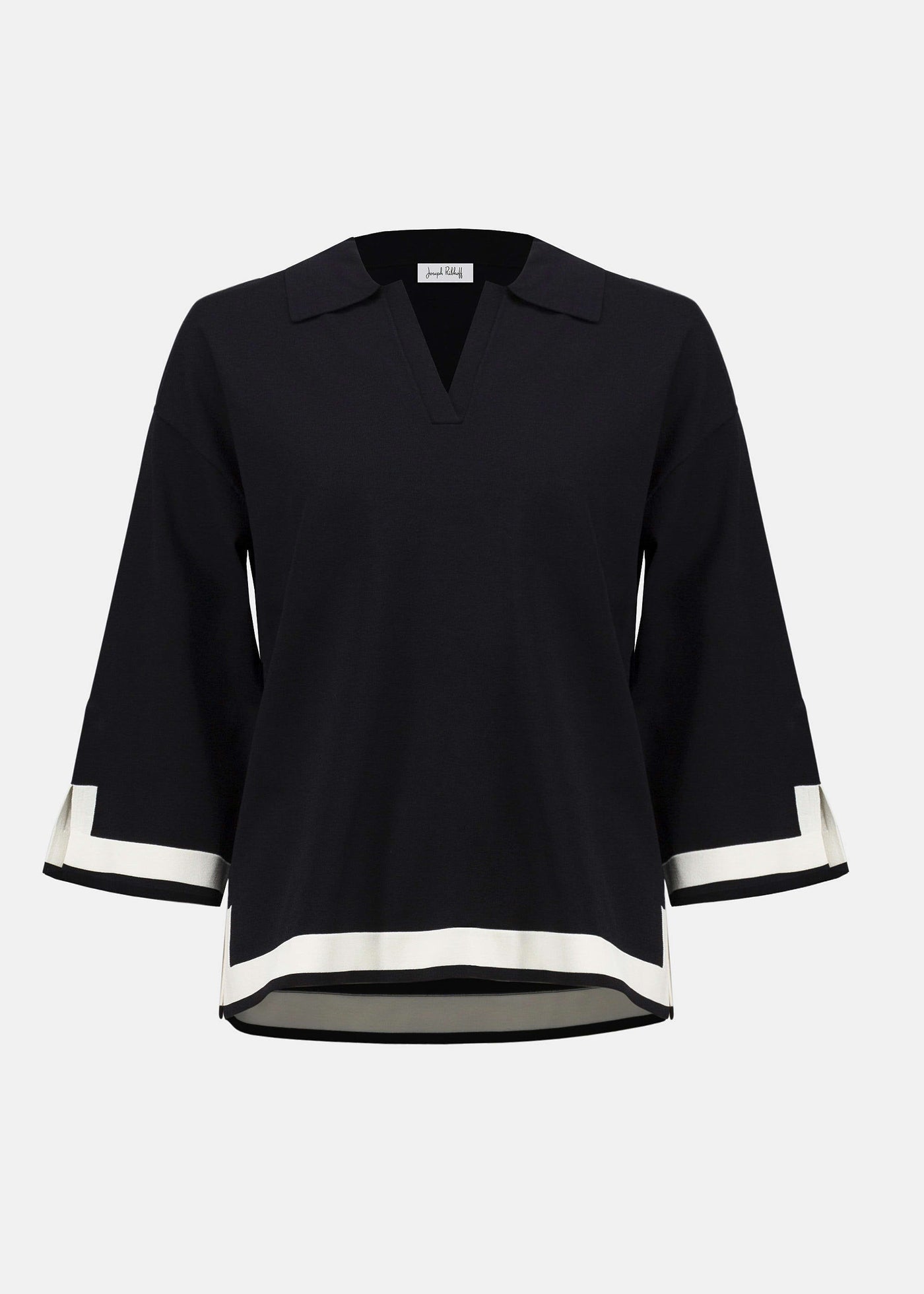front view of plus size Joseph Ribkoff Sweater Knit color Block Top in Black/Vanilla