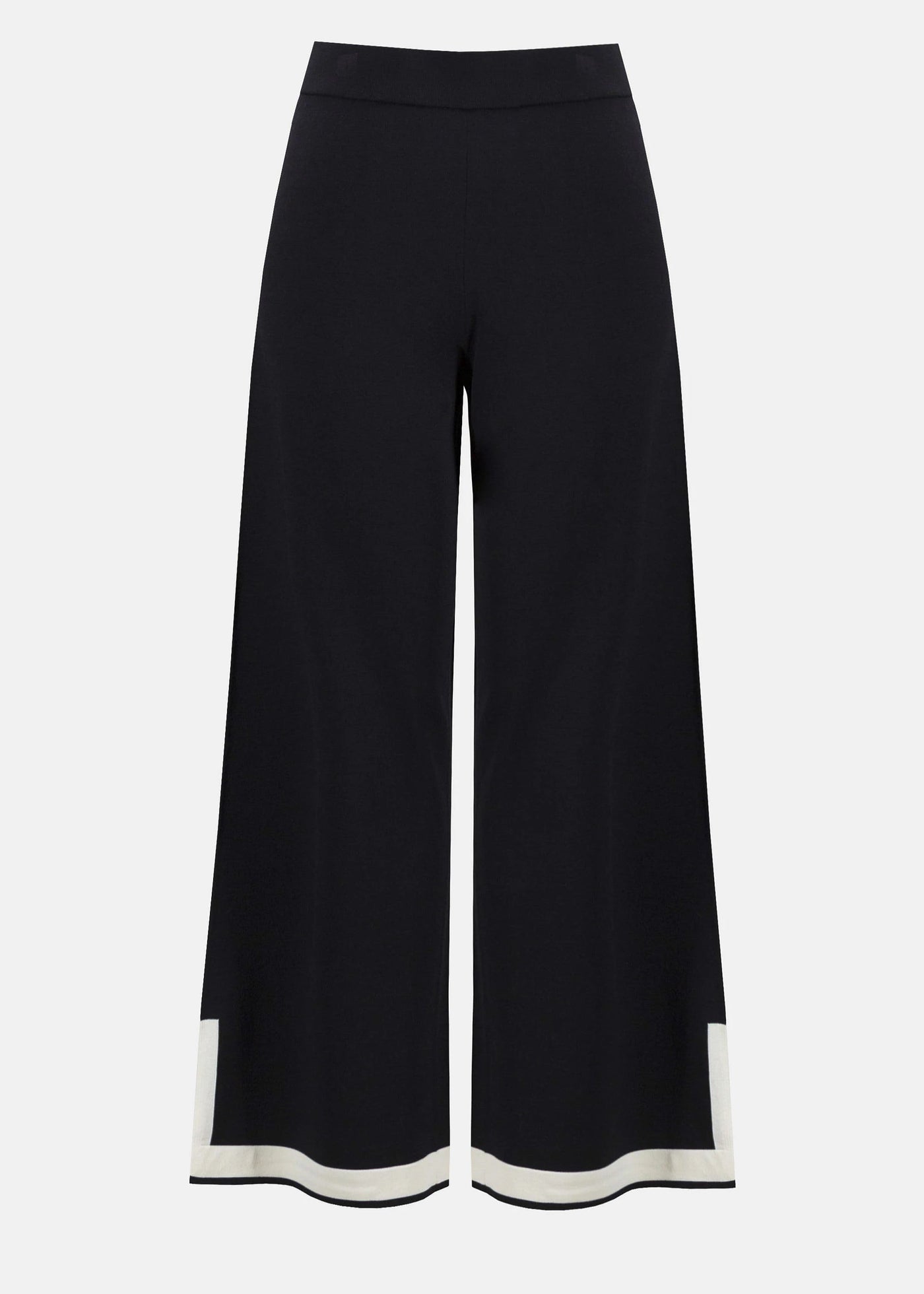 front view of plus size Joseph Ribkoff Sweater Knit Color Block Pant in Black/Vanilla
