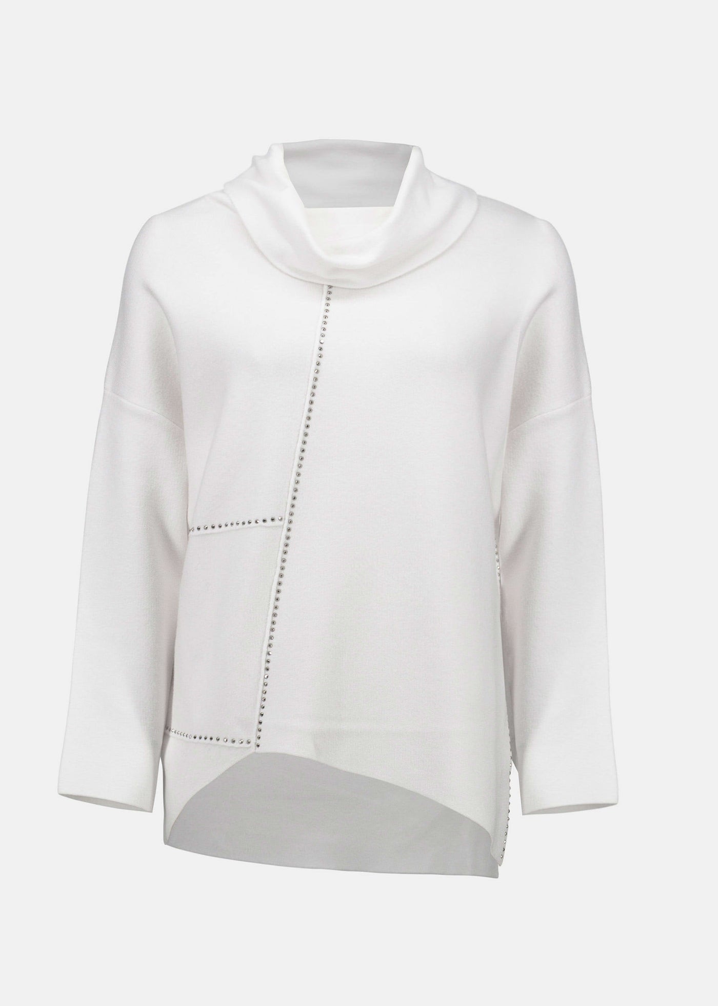 front view of plus size Joseph Ribkoff Asymmetrical Pullover with Studs in Vanilla