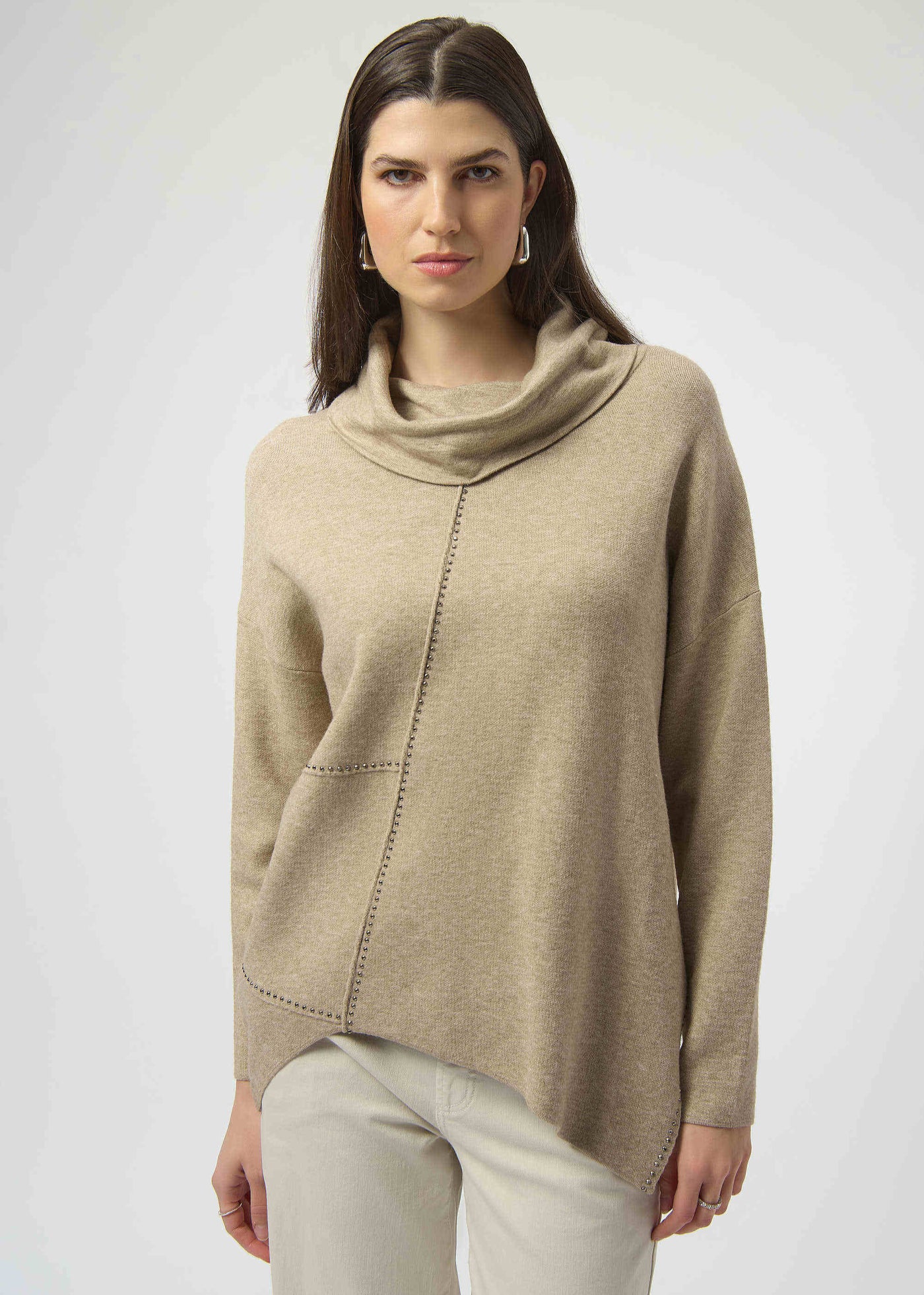 front view of plus size Joseph Ribkoff Asymmetrical Pullover with Studs in Oatmeal