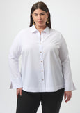 front view of plus size Joseph Ribkoff Stretch Poplin Shirt with Pleat and Zip Detail in Optic White