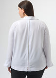 back view of plus size Joseph Ribkoff Stretch Poplin Shirt with Pleat and Zip Detail in Optic White