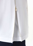 close up back view of plus size Joseph Ribkoff Stretch Poplin Shirt with Pleat and Zip Detail in Optic White