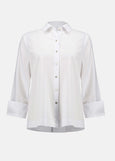 front view of plus size Joseph Ribkoff Stretch Poplin Shirt with Pleat and Zip Detail in Optic White