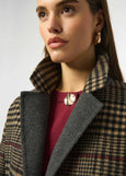 close up front view of Joseph Ribkoff Wool Blend Plaid Double face Coat in Camel multi