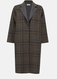 front view of plus size Joseph Ribkoff Wool Blend Plaid Double face Coat in Camel multi