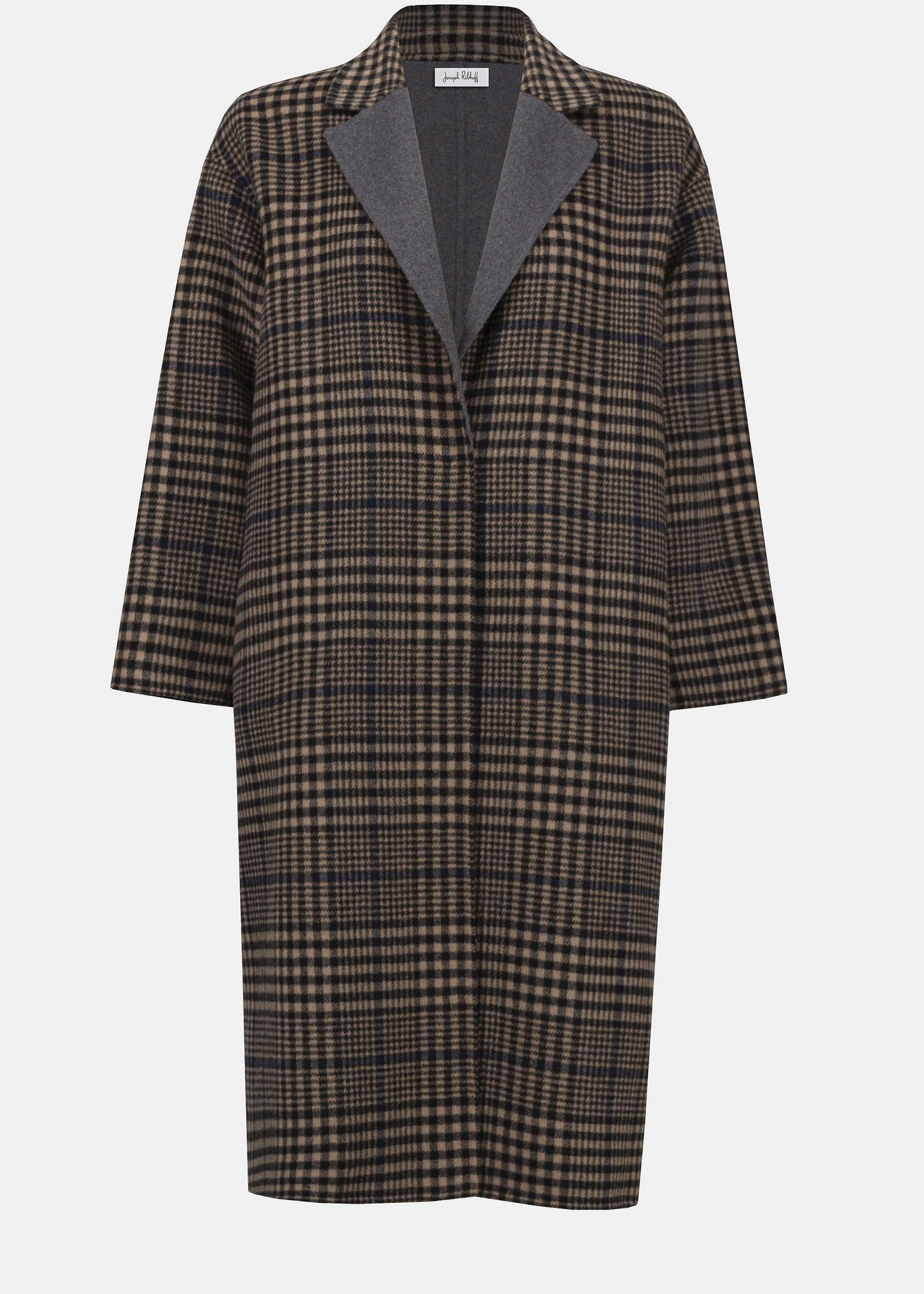 front view of plus size Joseph Ribkoff Wool Blend Plaid Double face Coat in Camel multi