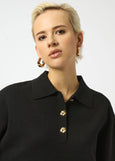 close up front view of plus size Joseph Ribkoff Sweater Knit Polo Boxy Top in Black