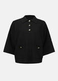 front view of plus size Joseph Ribkoff Sweater Knit Polo Boxy Top in Black
