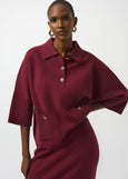 front view of plus size Joseph Ribkoff Sweater Knit Polo Boxy Top in Merlot