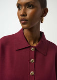 close up front view of plus size Joseph Ribkoff Sweater Knit Polo Boxy Top in Merlot