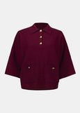 front view of plus size Joseph Ribkoff Sweater Knit Polo Boxy Top in Merlot