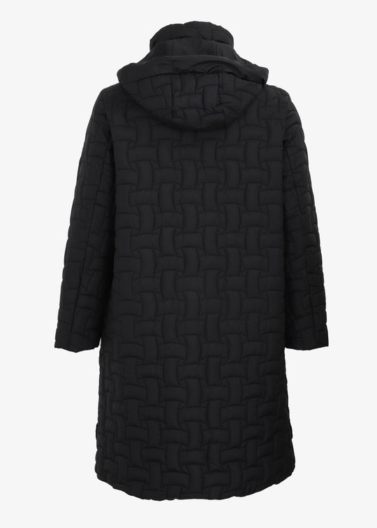 Frandsen long Basket weave Quilted Coat with Detachable Hood in Black