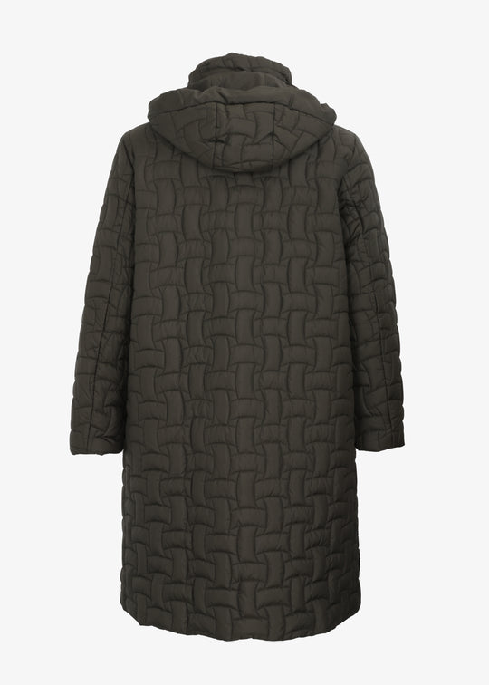 Frandsen Long Basket Weave Quilted Coat with Detachable Hood in Olive