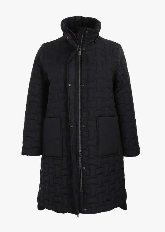 Frandsen long Basket weave Quilted Coat with Detachable Hood in Black