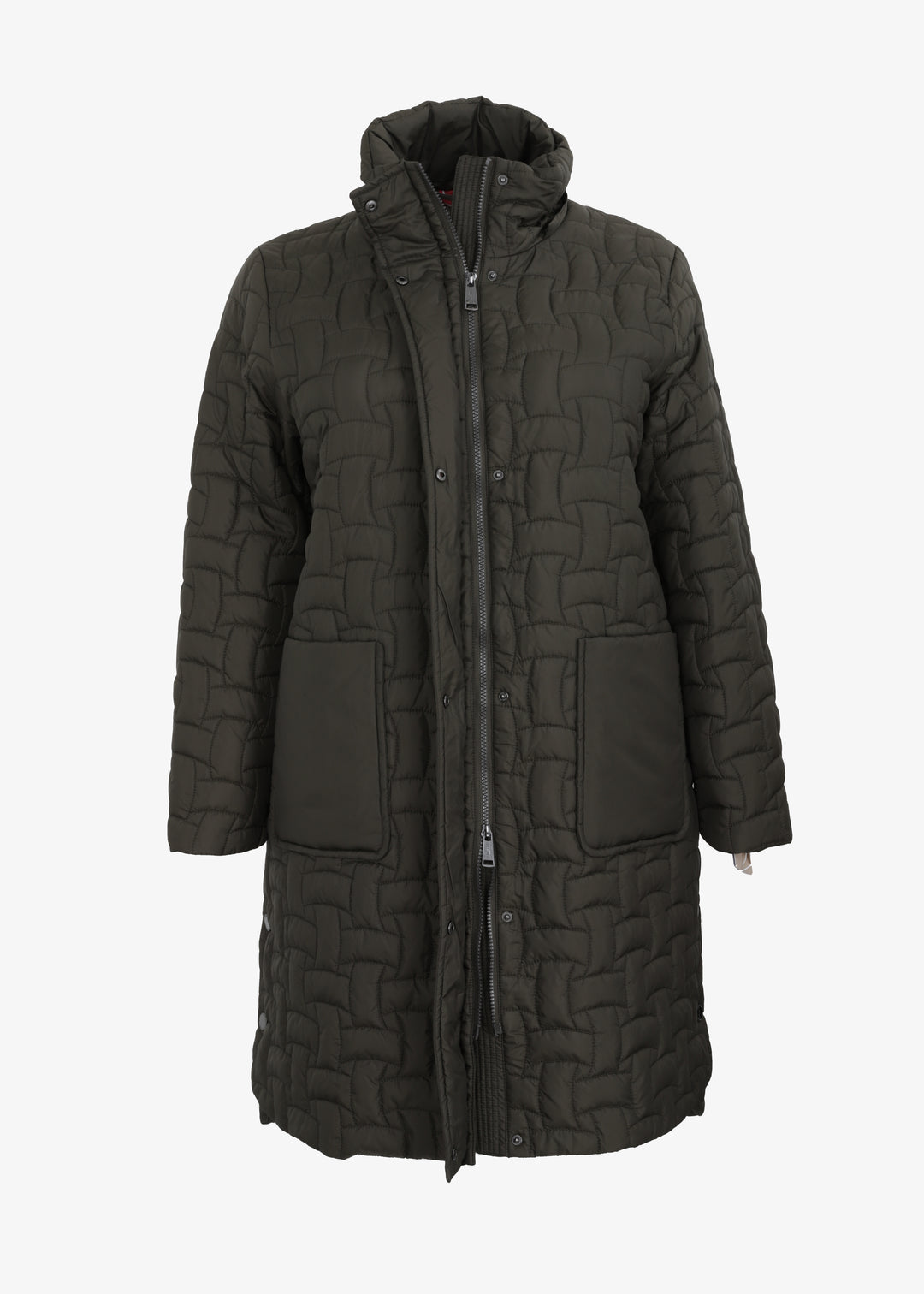 Frandsen Long Basket Weave Quilted Coat with Detachable Hood in Olive