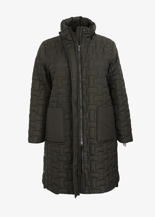 Frandsen Long Basket Weave Quilted Coat with Detachable Hood in Olive
