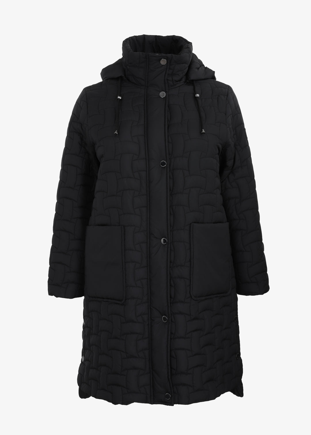 Frandsen long Basket weave Quilted Coat with Detachable Hood in Black