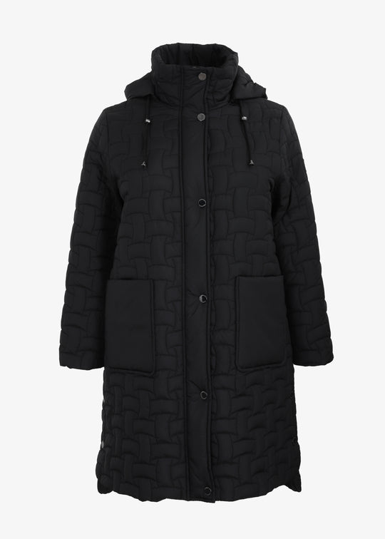 Frandsen long Basket weave Quilted Coat with Detachable Hood in Black