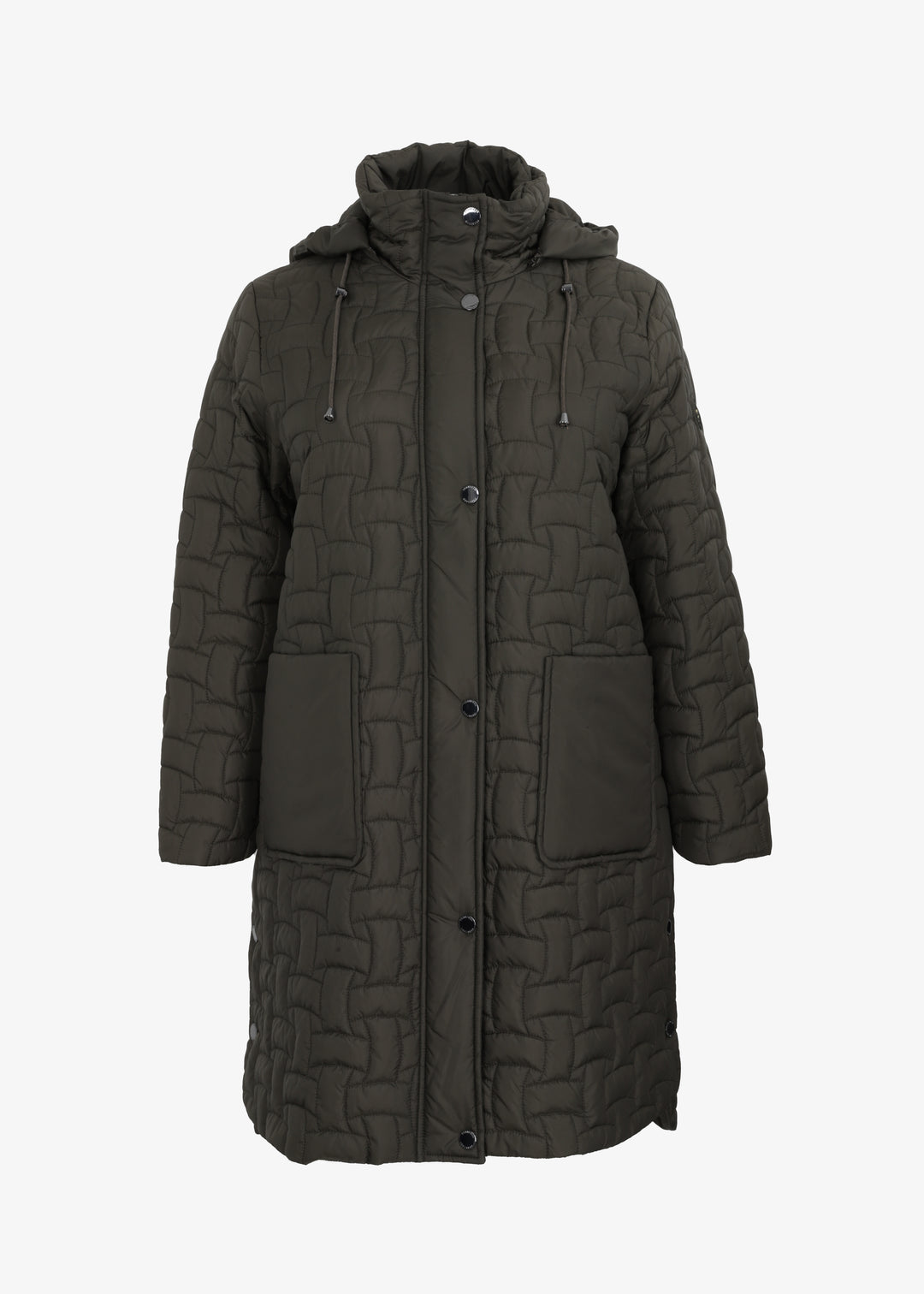 Frandsen Long Basket Weave Quilted Coat with Detachable Hood in Olive