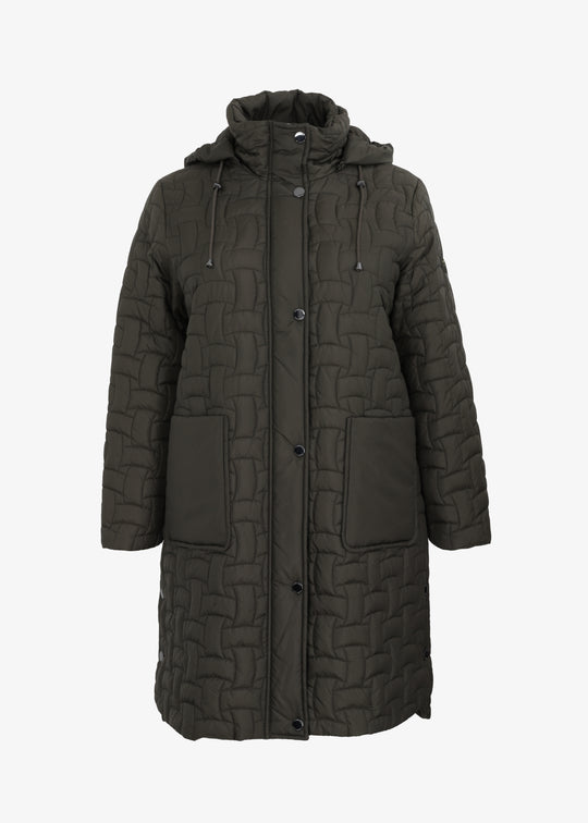 Frandsen Long Basket Weave Quilted Coat with Detachable Hood in Olive
