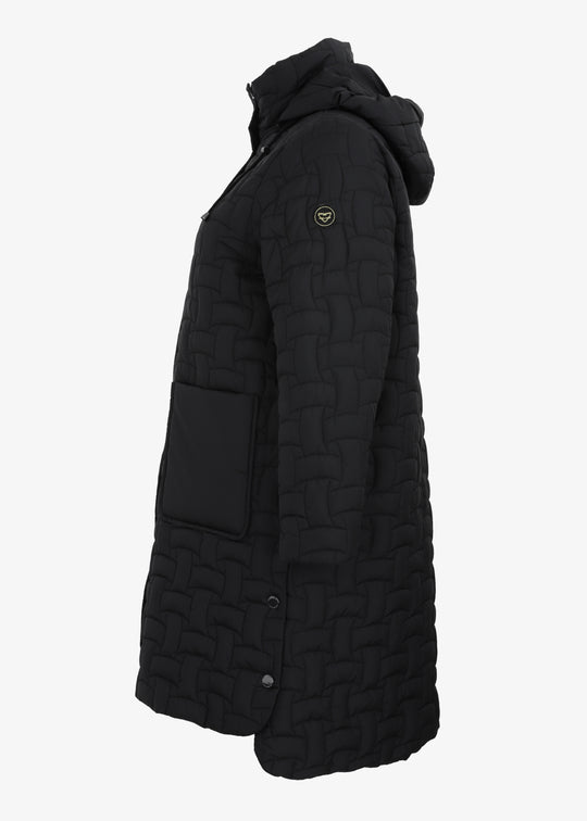 Frandsen long Basket weave Quilted Coat with Detachable Hood in Black
