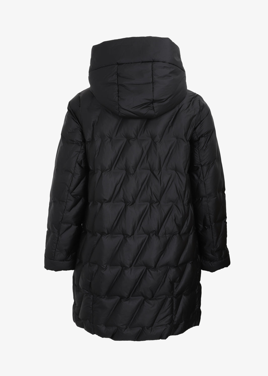 Frandsen Diagonal Quilted Puffer with side Slits and Detachable Hood in Black