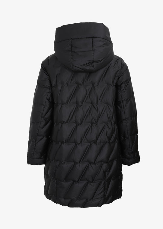 Frandsen Diagonal Quilted Puffer with side Slits and Detachable Hood in Black